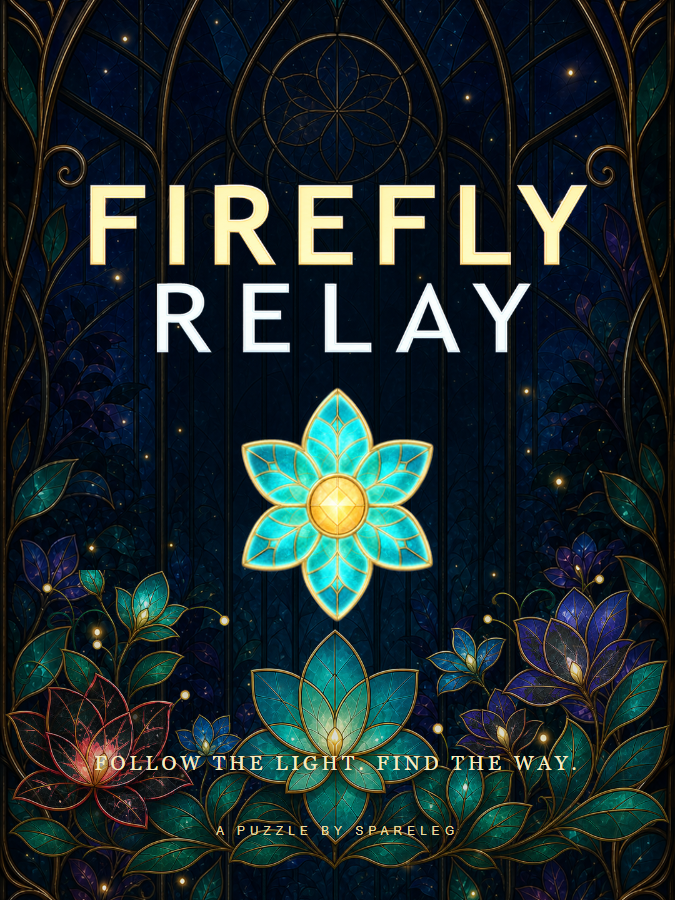 Firefly Relay cover: an illuminated flower in a gold and blue stained-glass garden