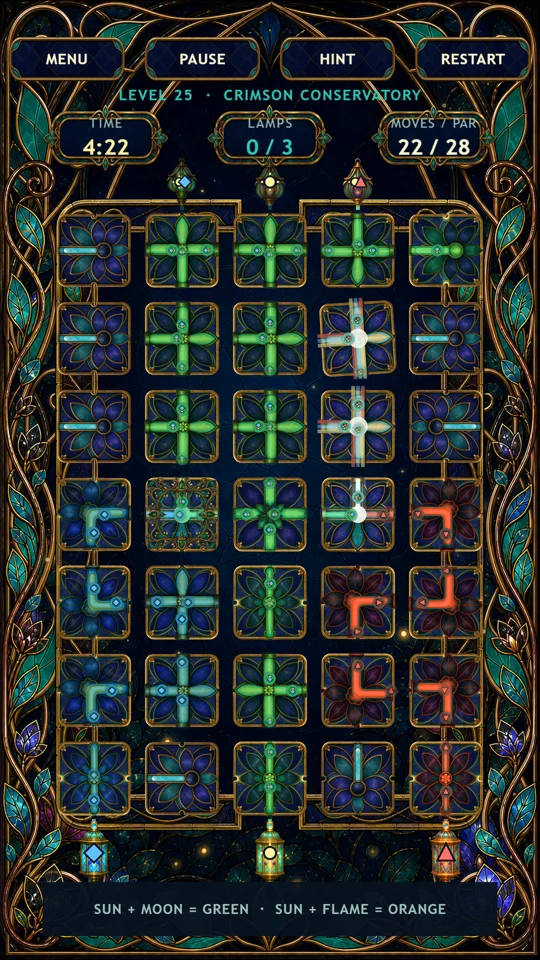 Enlarge screenshot: Yellow, blue and red light mix across Crimson Conservatory