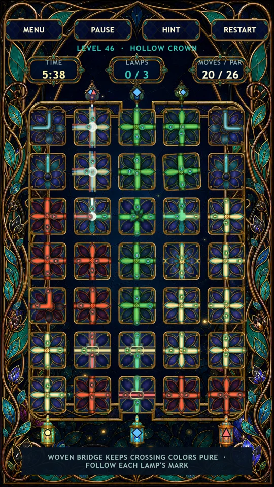 Enlarge screenshot: Crossings preserve separate coloured currents in Hollow Crown