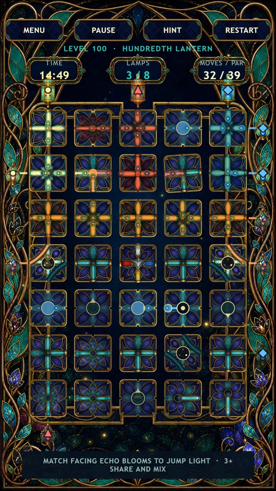 Enlarge screenshot: Echo Blooms and eight lamps in the final puzzle