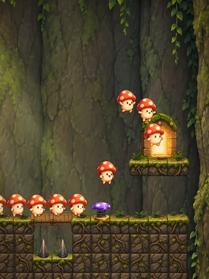 Mushrooms marching over a bridge above spikes, springing up and into the glowing exit door