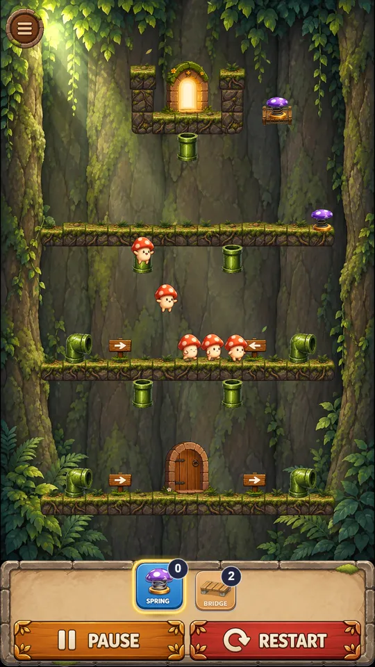 Enlarge screenshot: mushrooms crossing the ledges of Forest Path past pipes and arrows