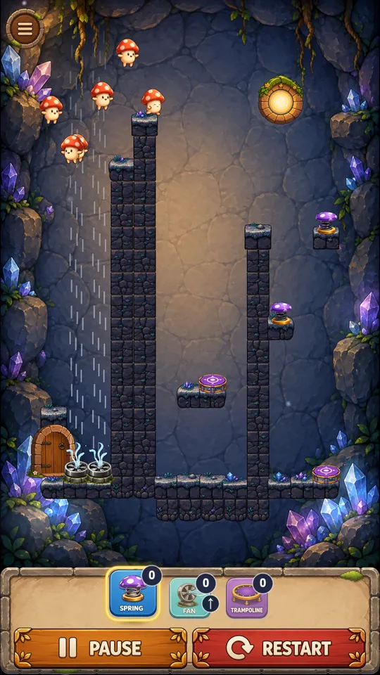 Enlarge screenshot: mushrooms bouncing between springs and trampolines in Crystal Caves