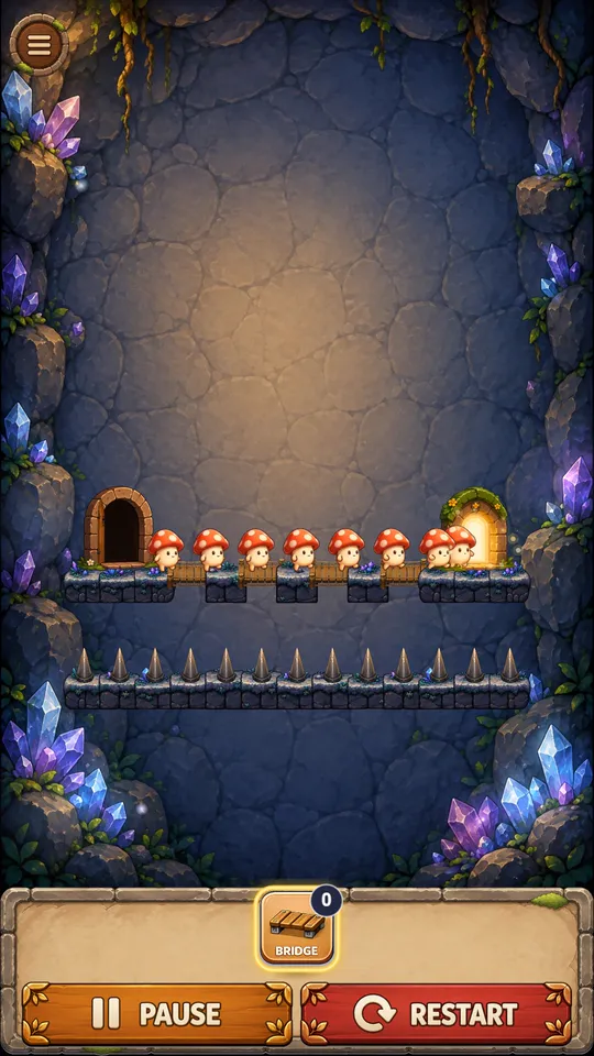 Enlarge screenshot: ten mushrooms crossing a patched floor above a row of spikes