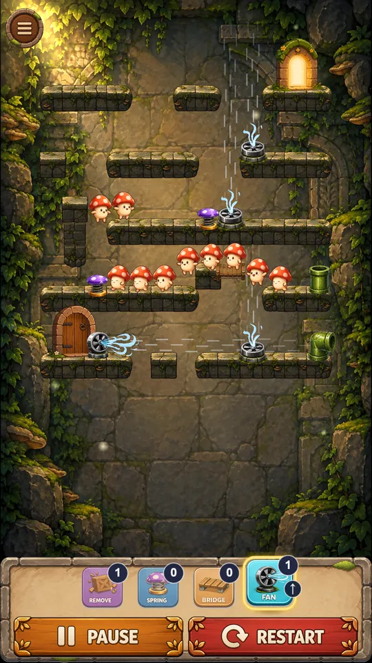 Enlarge screenshot: mushrooms climbing the floors of a ruined fortress with fans and springs
