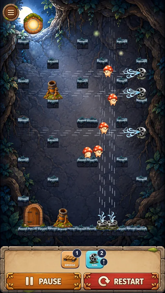 Enlarge screenshot: mushrooms fired from a cannon across Moonlit Hollow