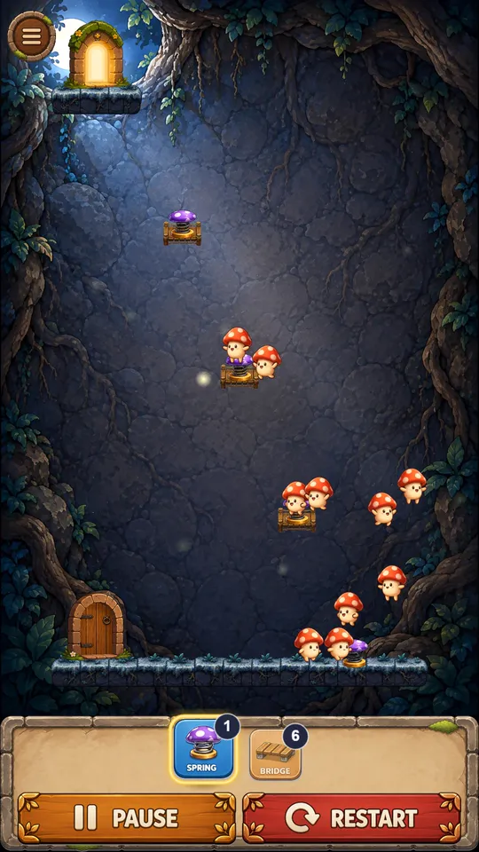 Enlarge screenshot: mushrooms springing up a staircase of bridges towards the exit