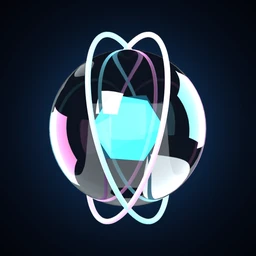 Quark Forge app icon: a glass orb with a glowing cyan core and orbital rings