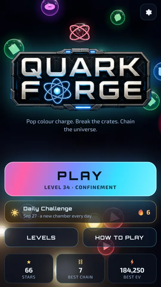 The main menu: the Quark Forge logo over floating orbs, a Play button, the Daily Challenge with a six-day streak, and stats for stars, best chain and best score